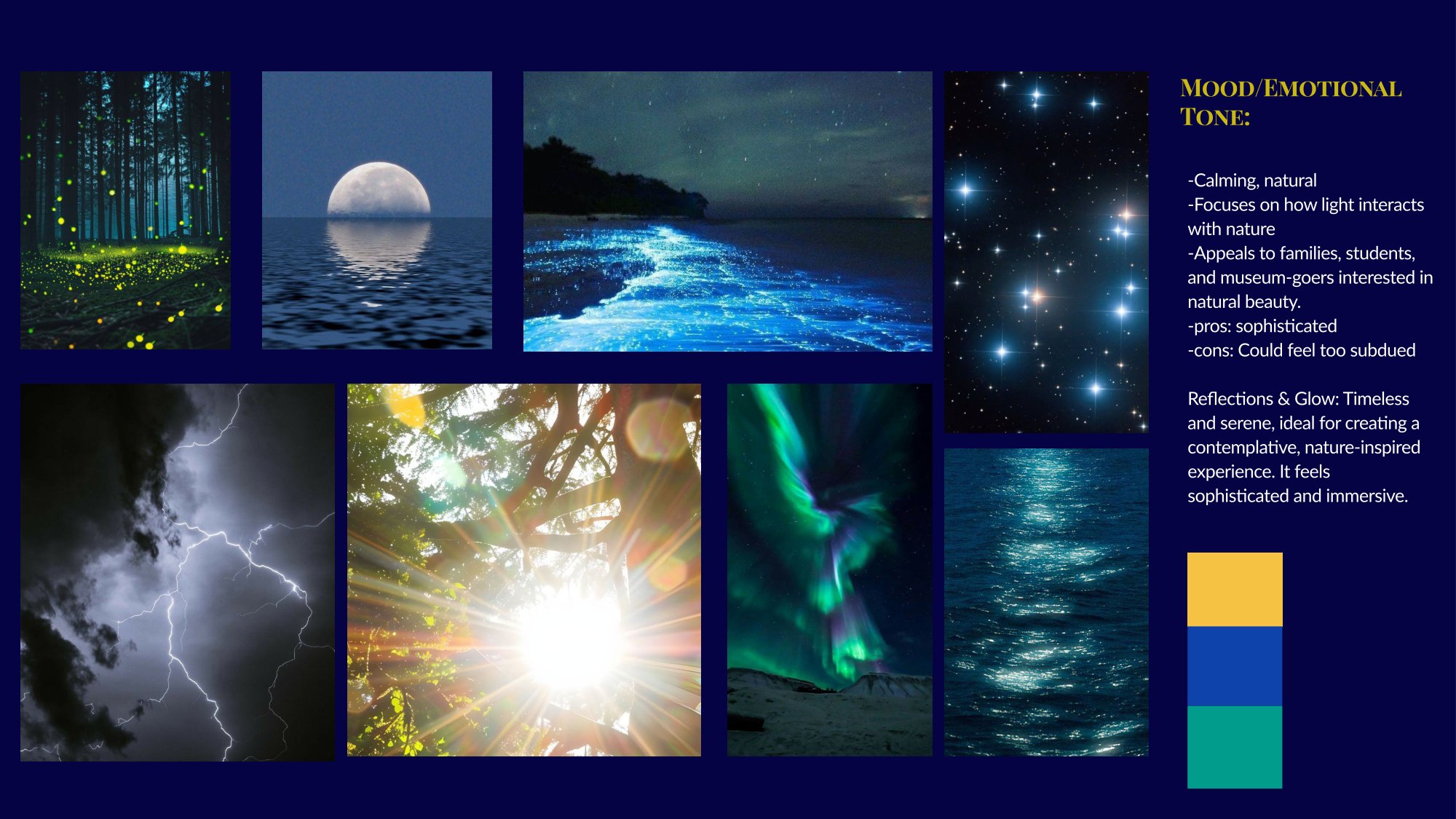 Reflections and Glow moodboard: moonlit water, fireflies and aurora