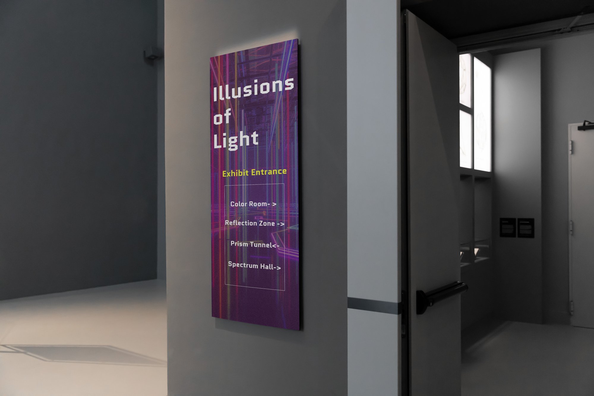Lit entrance sign listing the four rooms