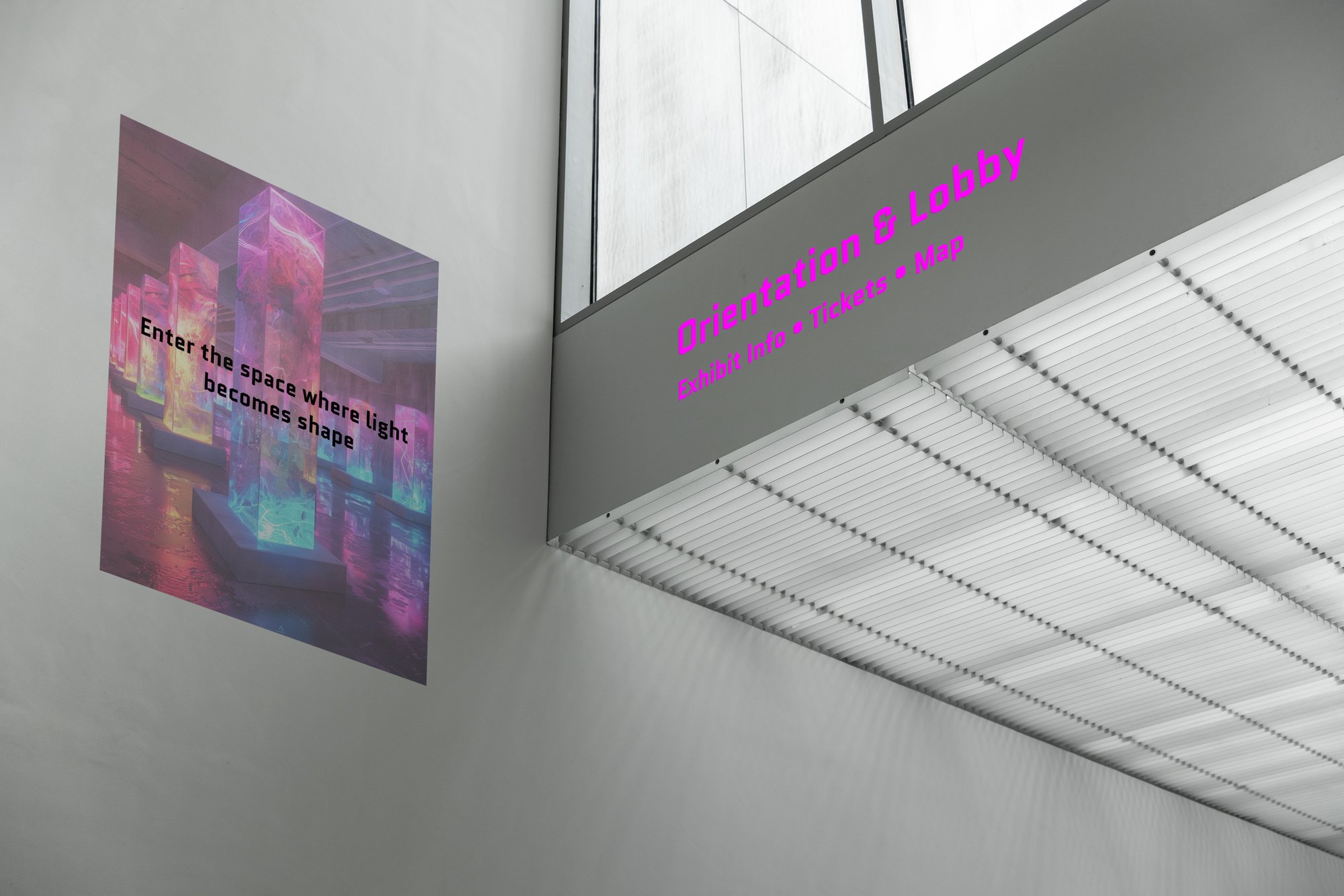 Magenta overhang sign and wall poster