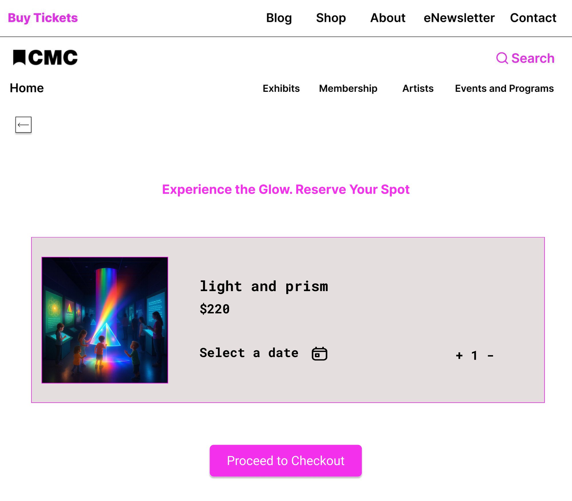 Ticketing page with a date picker and quantity selector