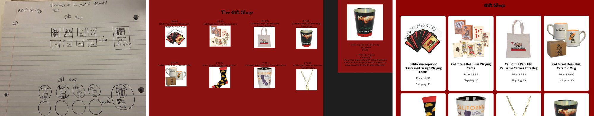 Sketches with square and circular product cards, a red wireframe, and the live gift-shop grid
