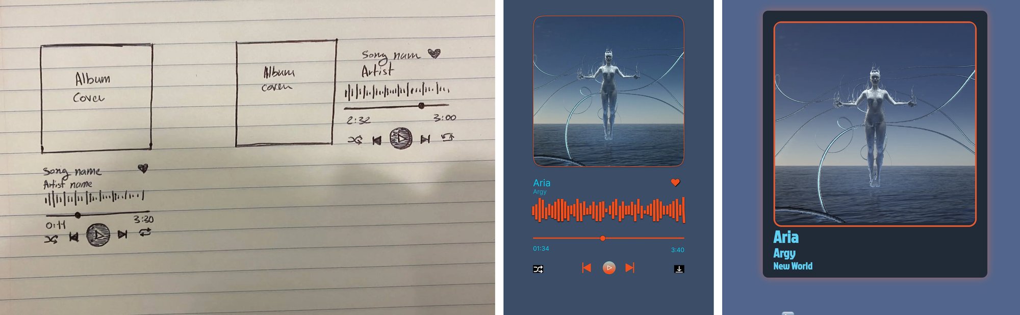 Hand sketches of two music player layouts, a dark wireframe with album art and a waveform, and the live coded player