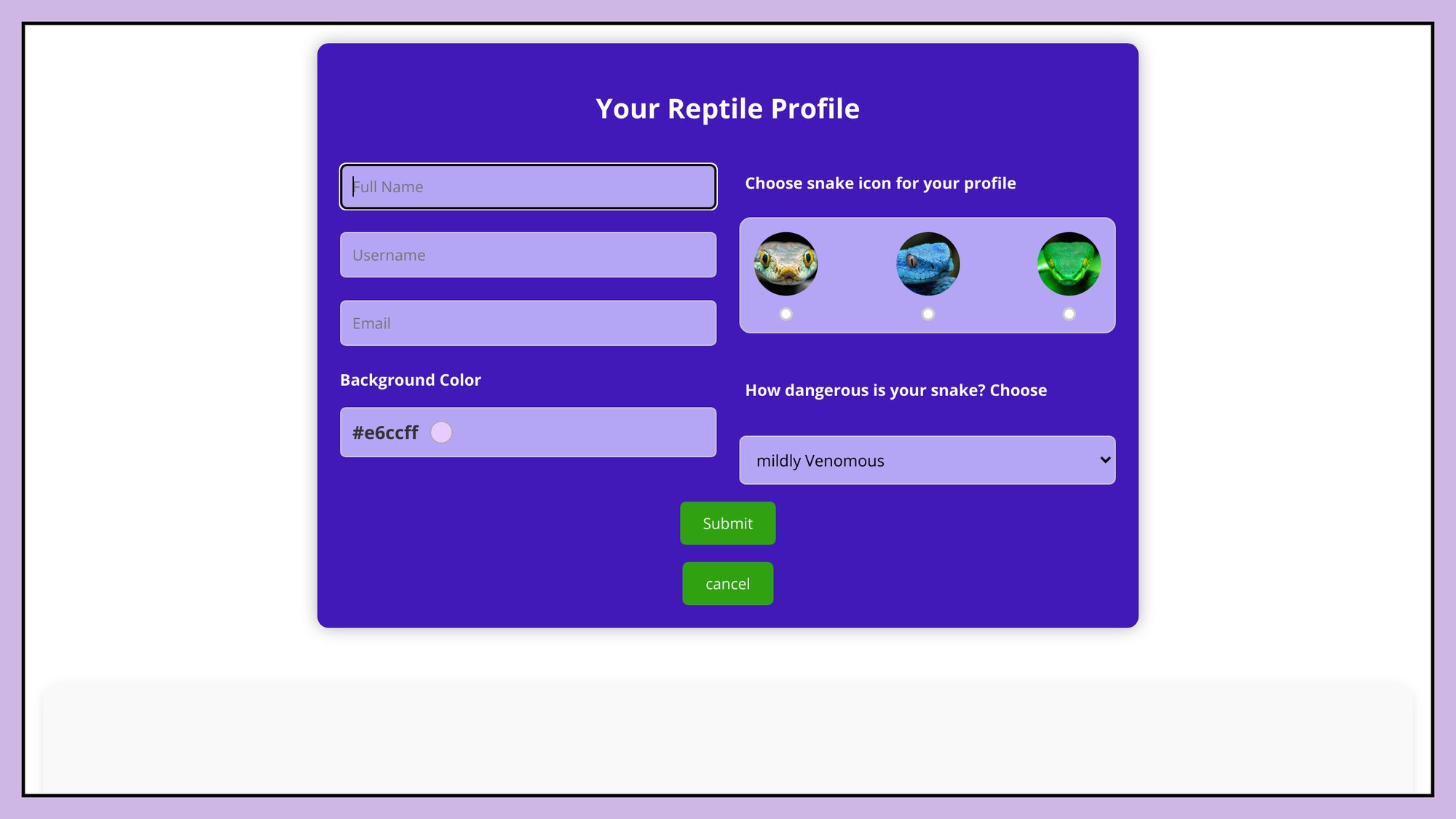 The live Your Reptile Profile form with name fields, snake icons, a color picker and a danger level menu